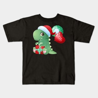 Cute Christmas T Rex With Santa Hat And Gift Box Kids T-Shirt